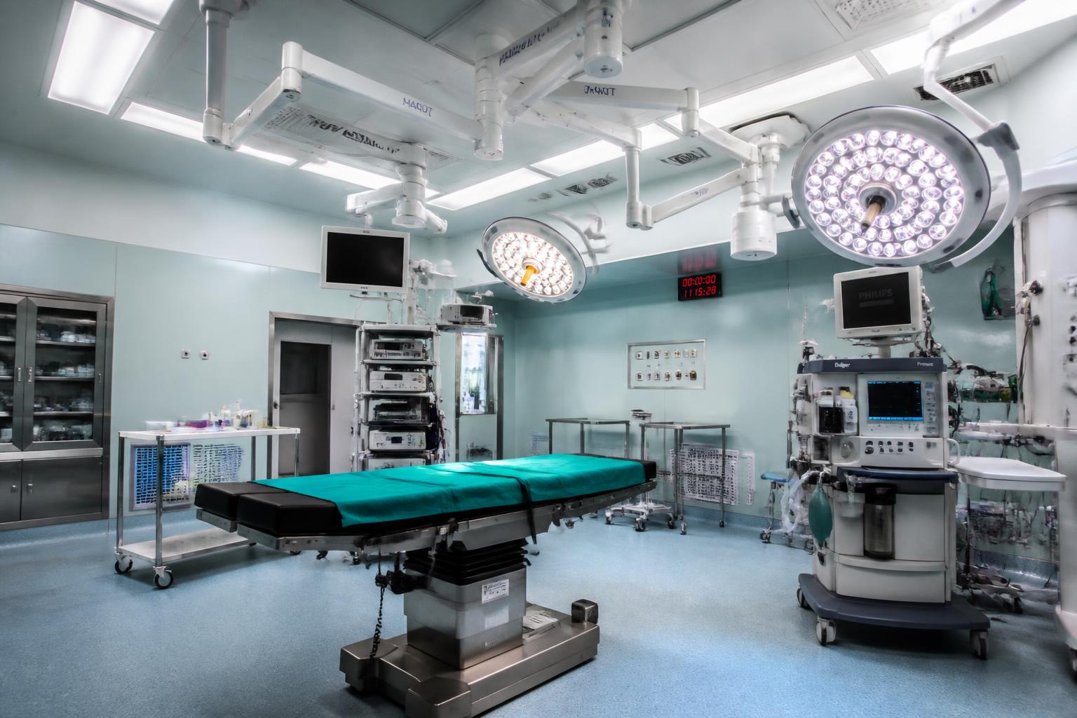 Operating theatre with surgical lights and monitoring equipment